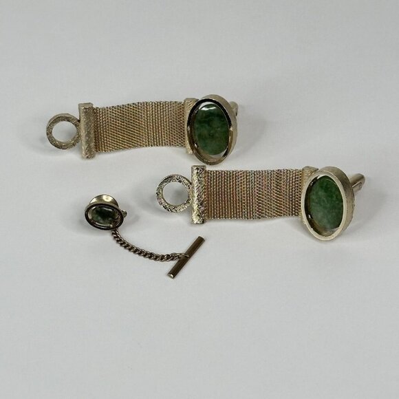 Dante Gold Tone Mesh Cufflinks & Tie Tack Set Green Stone Vintage Mens - Picture 3 of 8